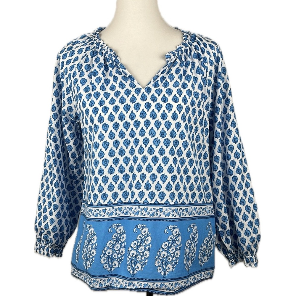 J. Crew Factory Cotton Blue Paisley Artist Peasant Top Sz XS Lightweight Vaca